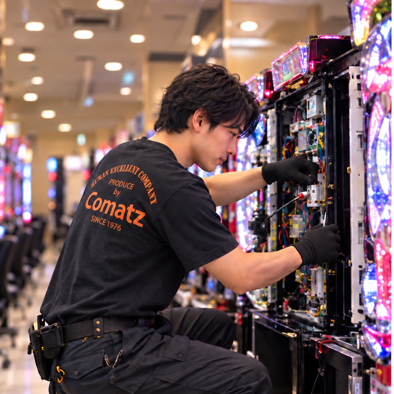 黒いComatzユニフォームを着たスタッフによる遊技機入替工事のイメージ