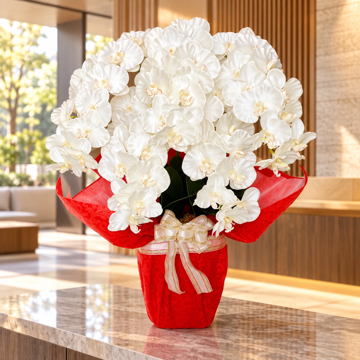 アーティフィシャルフラワー「造花」【胡蝶蘭鉢植え・５本立（Ｗ/Ｙ）プラ鉢に色紙ラッピング】光触媒コーティングの設置イメージ