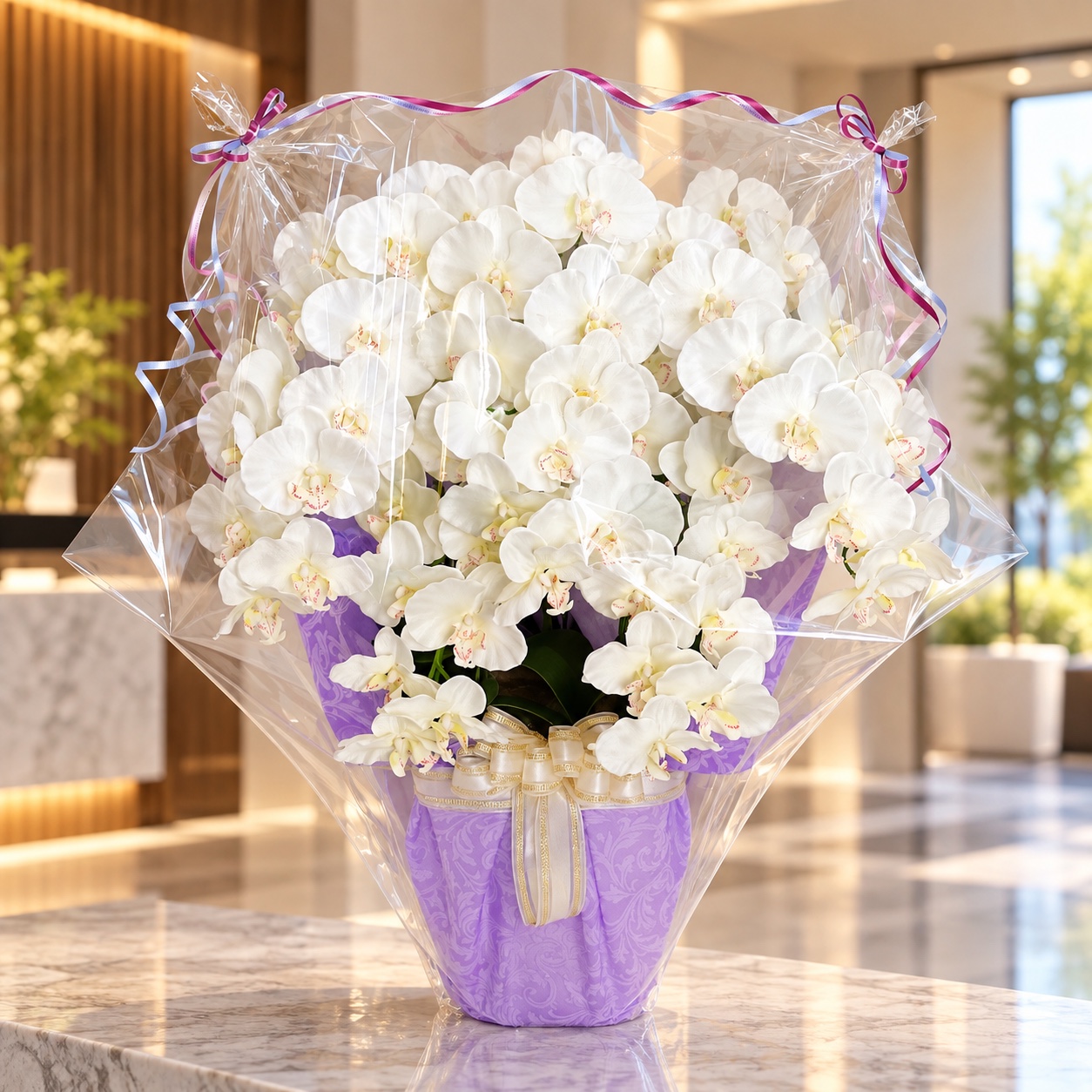 アーティフィシャルフラワー「造花」の光触媒コーティング【胡蝶蘭鉢植え・５本立（Ｗ/Ｙ）※プラスチック鉢に御供用の色紙ラッピング付】（※先端まで花が付いています）の設置イメージ