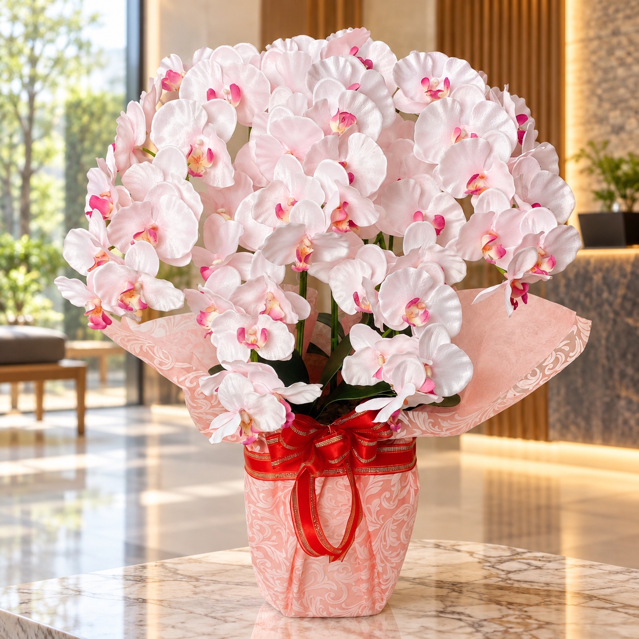 アーティフィシャルフラワー「造花」【胡蝶蘭鉢植え・５本立／ライトピンク（プラスチック鉢に色紙ラッピング）】光触媒コーティングの設置イメージ