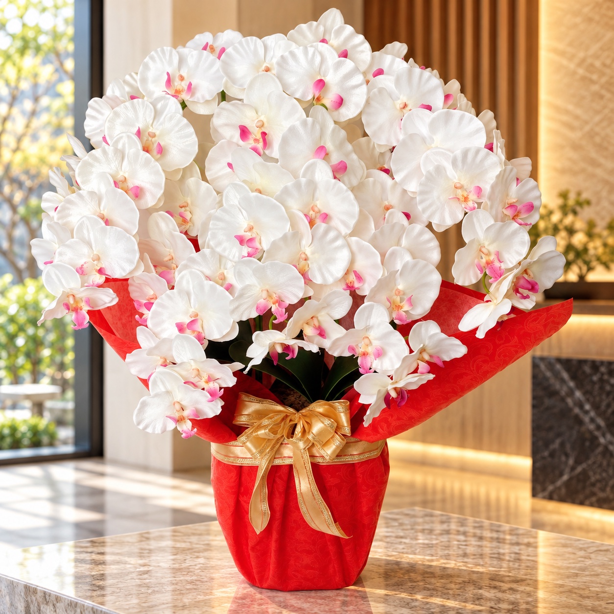 アーティフィシャルフラワー「造花」【胡蝶蘭鉢植え・５本立（Ｗ/Ｒ）※プラ鉢にラッピング紙】光触媒コーティングの設置イメージ