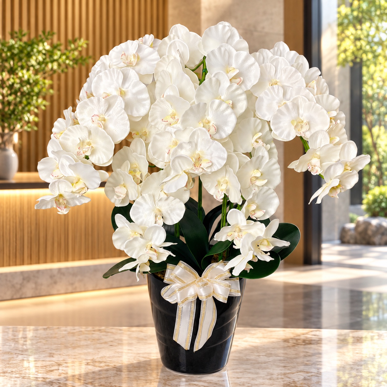 アーティフィシャルフラワー「造花」光触媒コーティング【胡蝶蘭鉢植え・５本立／陶器鉢ver】全３色の設置イメージ
