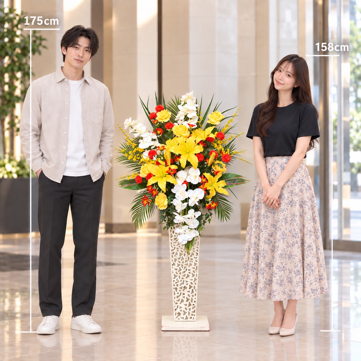 人物と比較したアーティフィシャルフラワー「造花」【アイアン角スタンドアレンジ】光触媒コーティングのサイズイメージ
