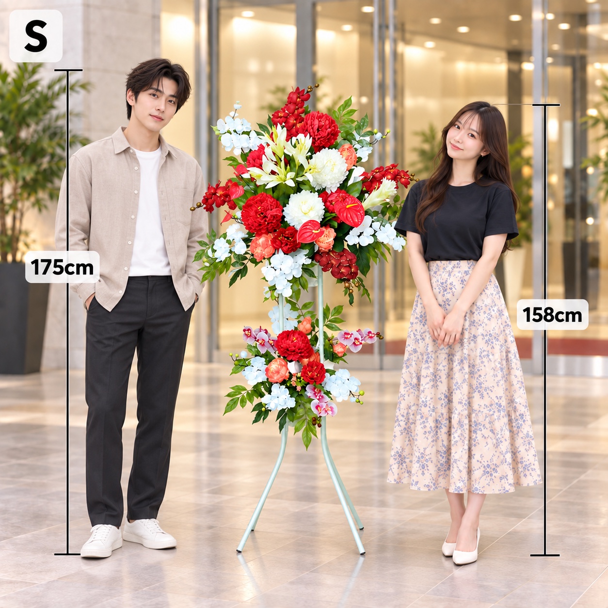 人物と比較したアーティフィシャルフラワー「造花」スタンド花【２段／ボリュームＳ】のサイズイメージ