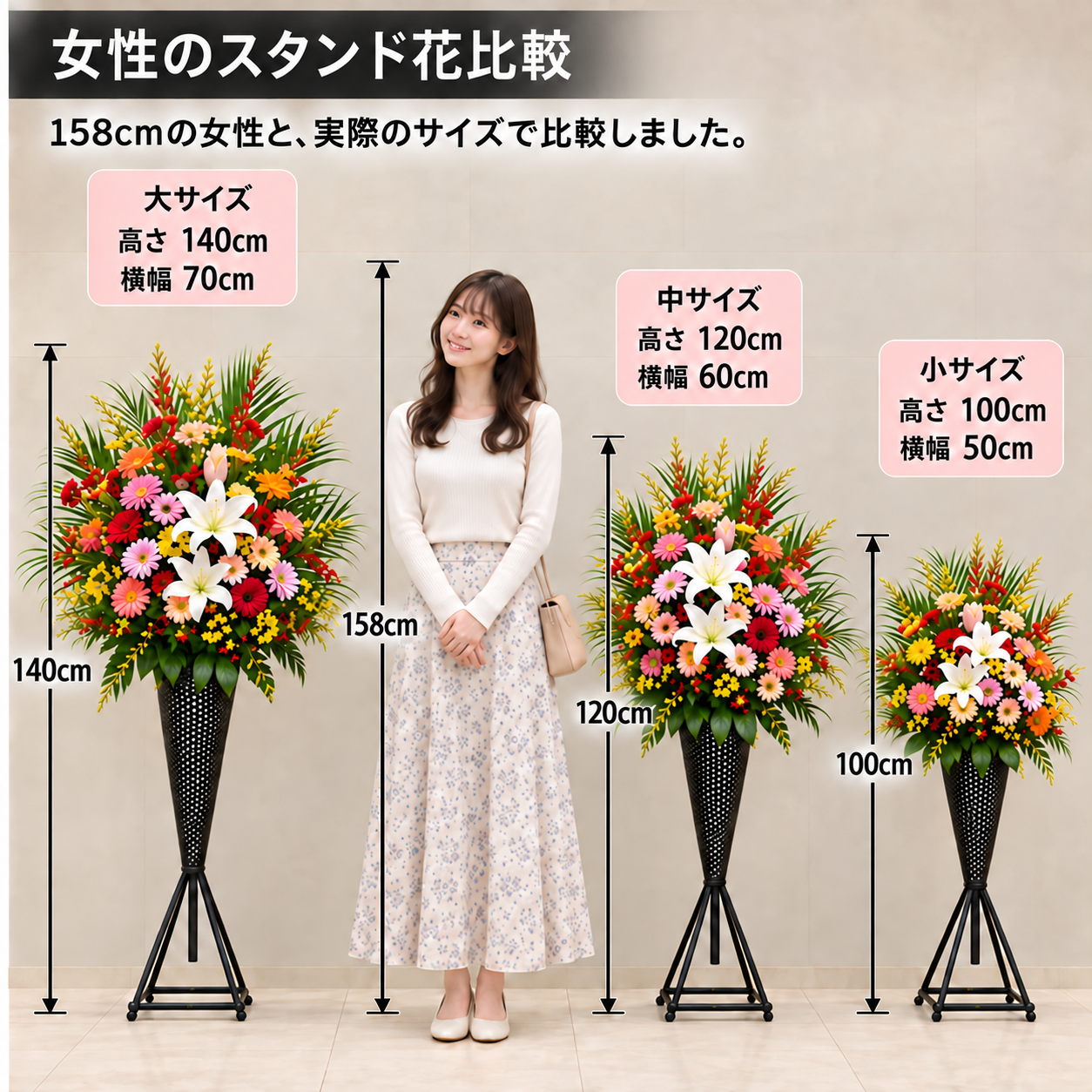 身長158センチの女性と大・中・小3種類のスタンド花のサイズ比較