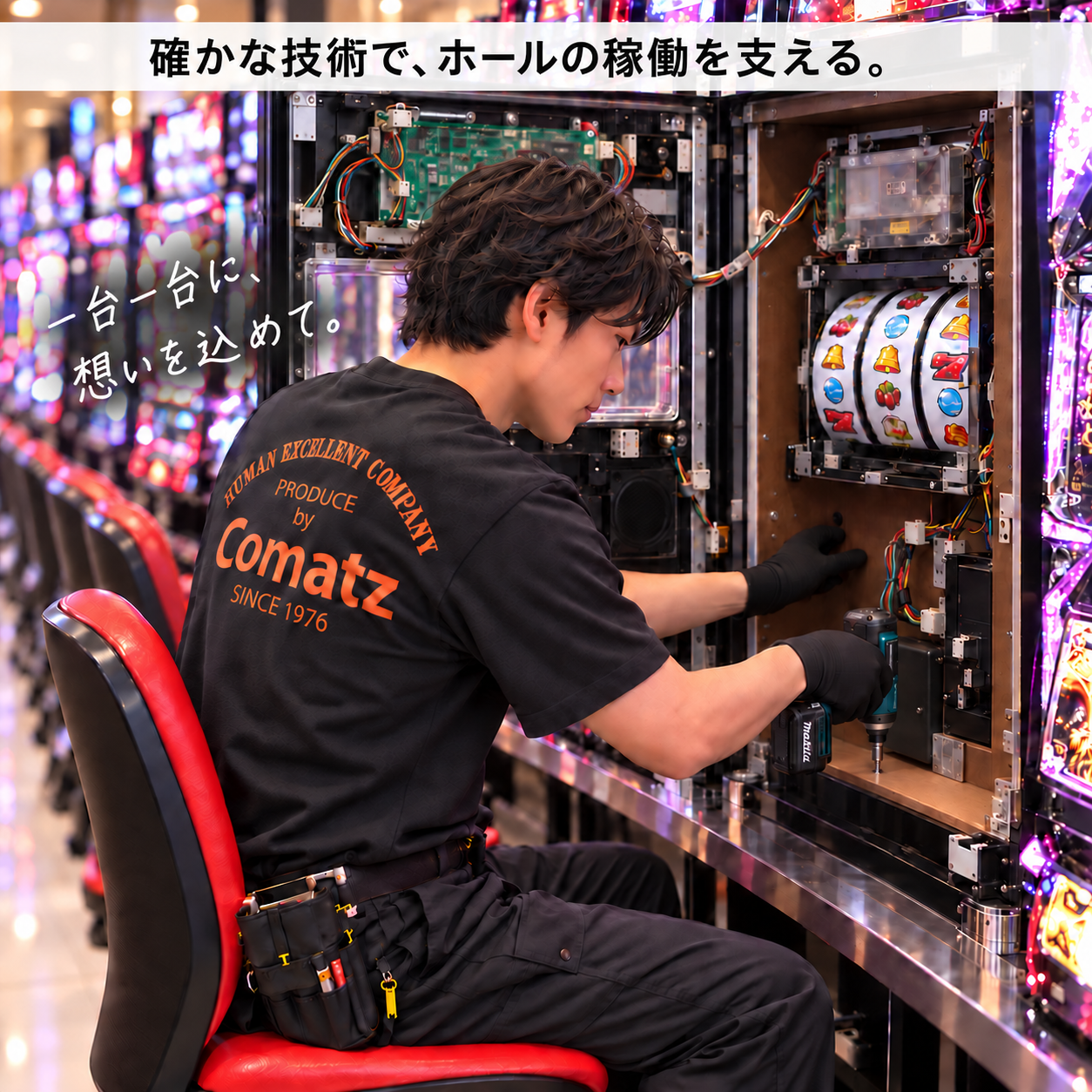 遊技機の入替作業を行う男性スタッフ