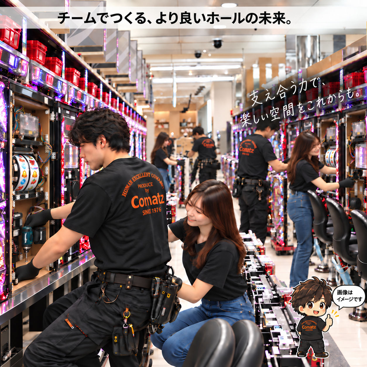 男女のスタッフが協力して遊技機の入替作業を行うイメージ