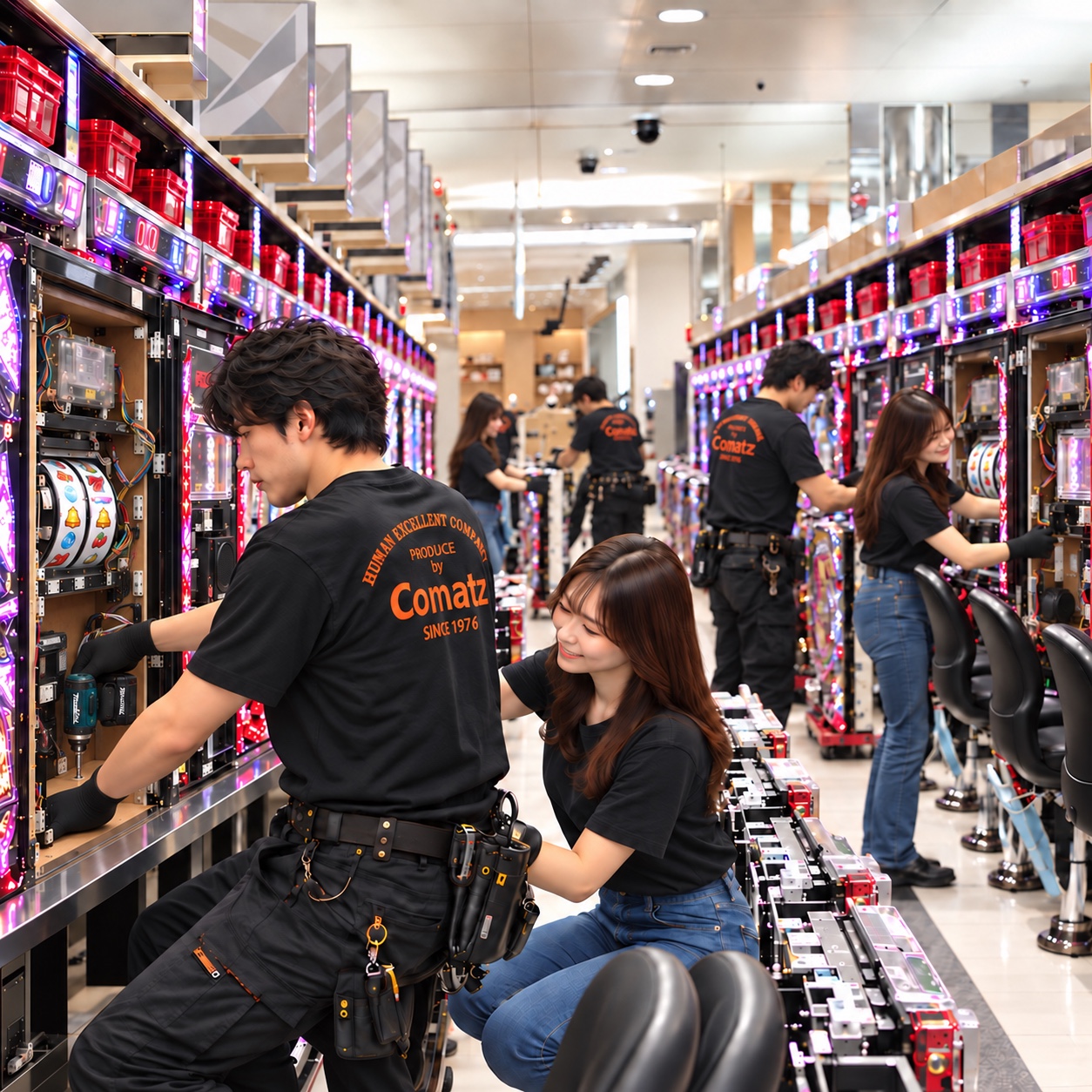 Comatzユニフォームを着た集団による遊技機の入替工事